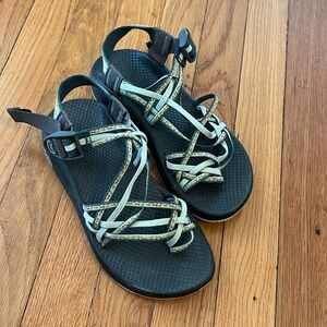 Blue and green multi strap Chacos. Size 7.